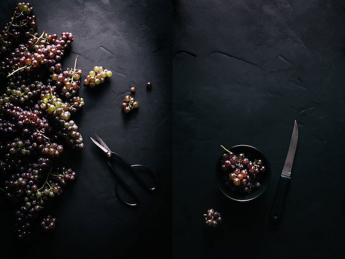 A dark and atmospheric fine art food photography still life diptych