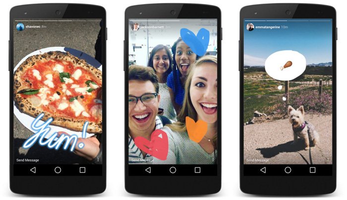 Три экрана камеры смартфона, показывающие разные истории Instagram