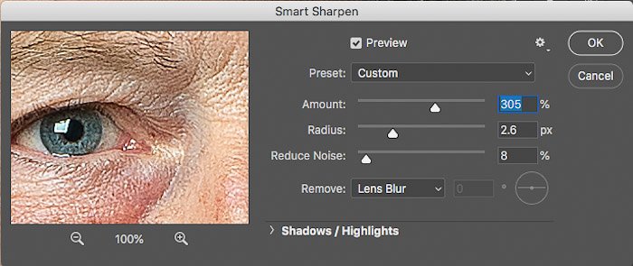 Скриншот настроек умного усиления резкости, используемых в фотошопе для портретных фотографий.