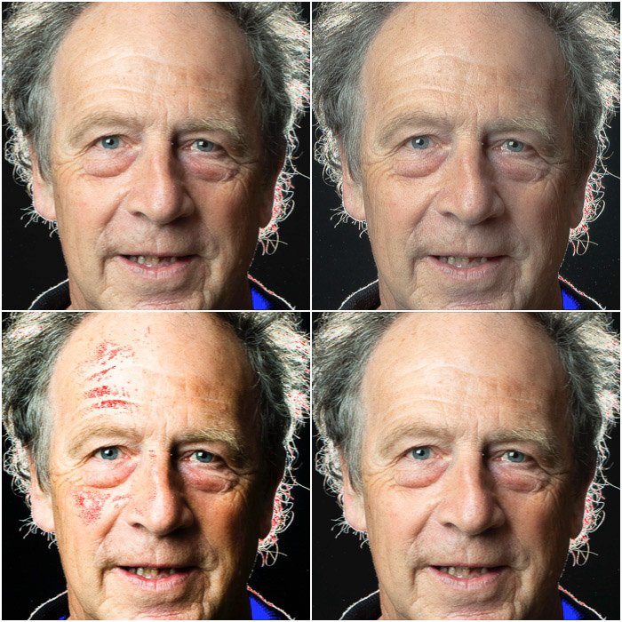 Сетка из четырех фотографий, демонстрирующая эффект контраста при редактировании портретов в Photoshop