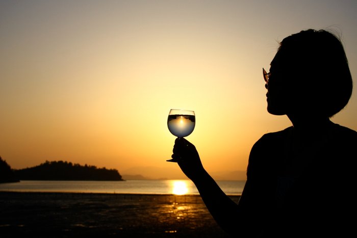 Силуэт женщины-модели на фоне пляжного заката, держащей винный бокал для фотографии преломления света
