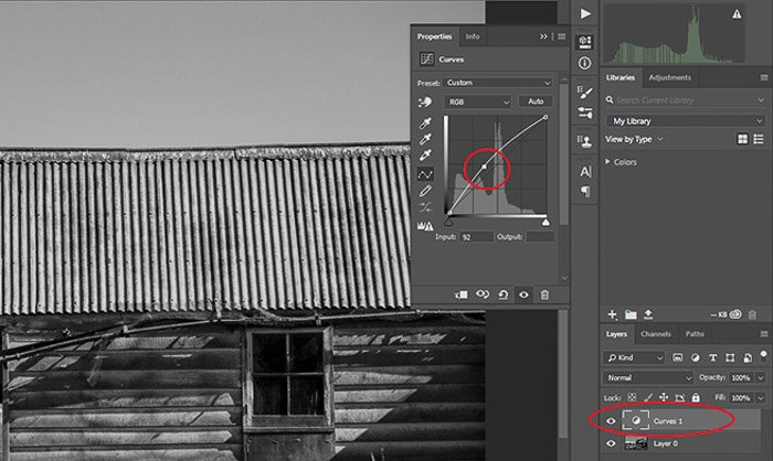 Скриншот редактирования кривых для черно-белой фотографии