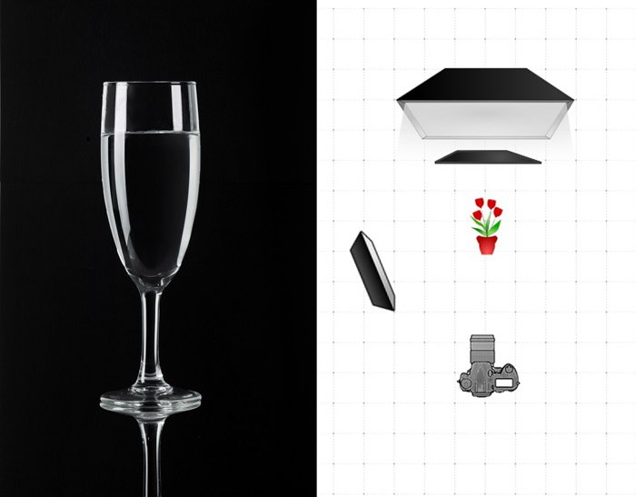 Диптих из фотографии бокала для вина и диаграммы, объясняющей настройку освещения при фотографировании бокала