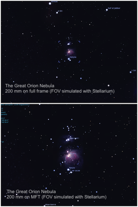 Диптих фотографий глубокого космоса, сравнивающий M42, снятый 200-мм объективом на полнокадровую (сверху) и MFT (снизу) камеры