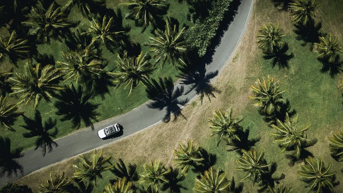 Вид с воздуха на автомобиль, едущий по зеленому ландшафту