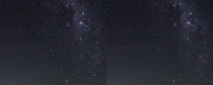 Диптих звездного неба до и после шумоподавления