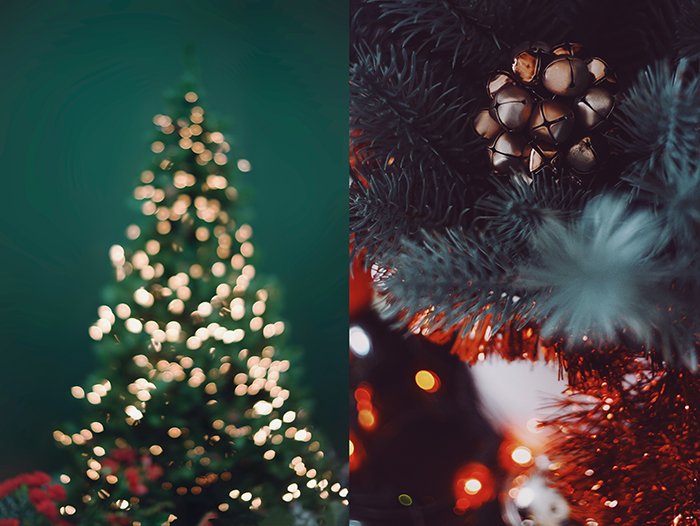 Диптих праздничное фото рождественской елки и крупный план украшений