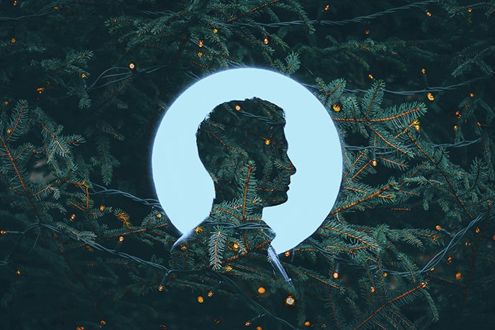 Cool christmas double exposure of the man and christmas tree