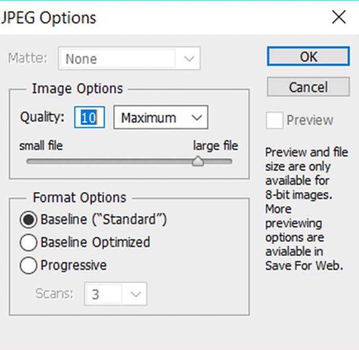 скриншот, показывающий меню опций Jpeg