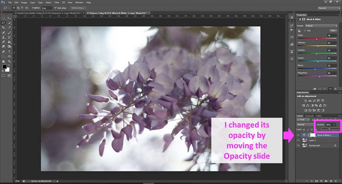 скриншот, показывающий, как редактировать фотографии в Photoshop для начинающих, со стрелкой, указывающей на непрозрачность слайда