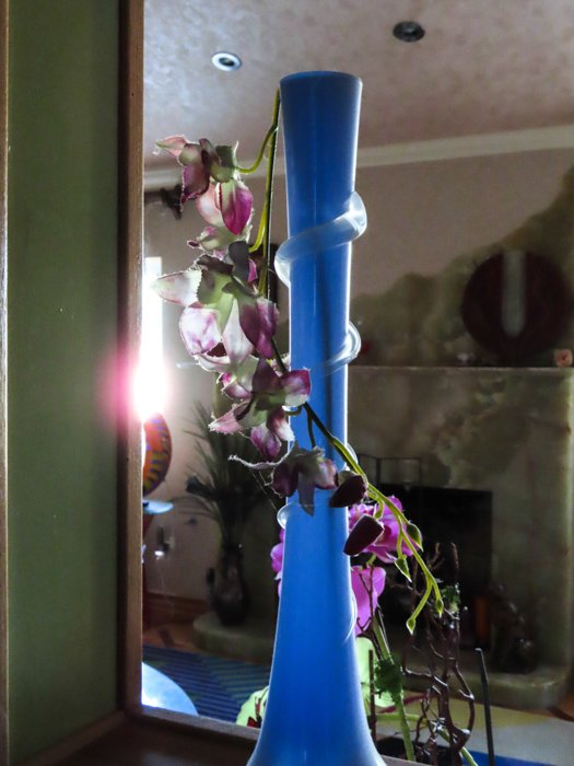 Снимок фиолетового цветущего растения в синей вазе, сделанный камерой canon powershot sx740 hs
