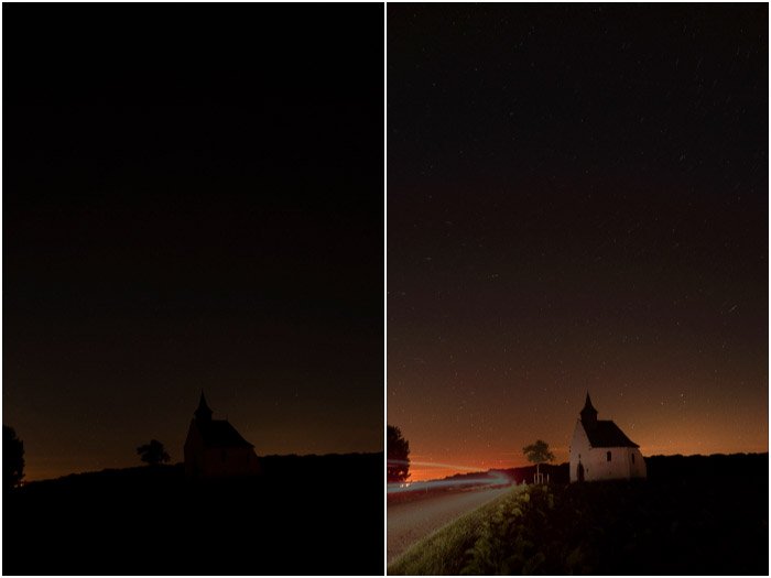 Диптих, сравнивающий результаты усреднения 10 изображений (слева) и усреднения с увеличением экспозиции (1EV) для того же набора изображений (справа).