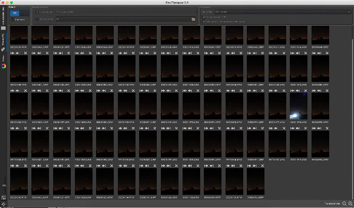 Скриншот преобразования RAW файлов в 16-битные TIFF изображения с помощью RawTherapee.