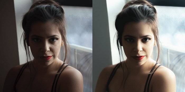 Диптих портретов модели до и после ретуши