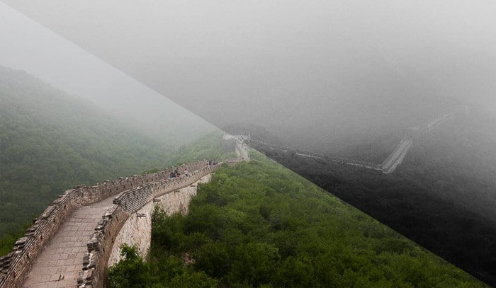 Фотография Великой Китайской стены, разделенная пополам для сравнения черно-белой и цветной фотографии