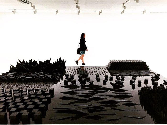 Фотография девушки, рассматривающей художественную инсталляцию, сделанная с помощью камеры iPhone