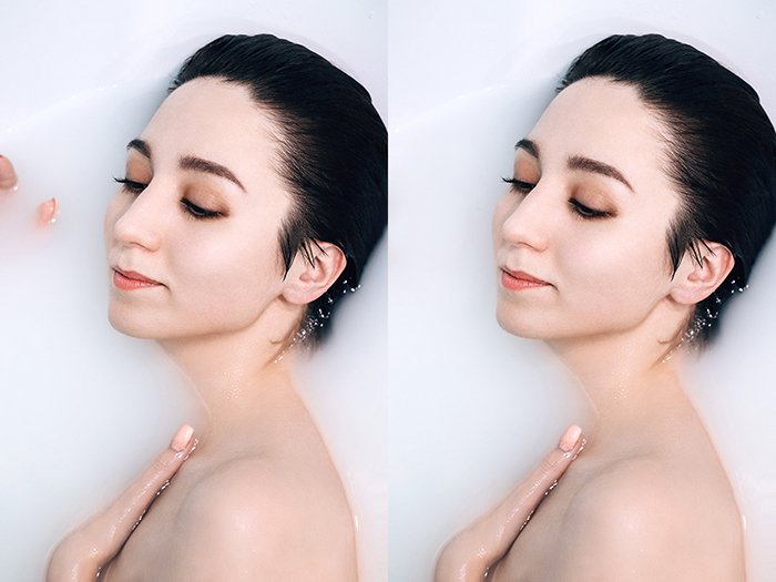 Диптих фотографии молочной ванны, показывающий до и после редактирования фотографии женщины-модели