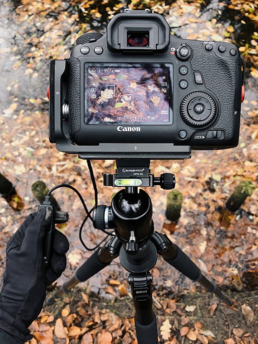 DSLR камера, установленная на штатив для съемки симметрии в фотографии природы