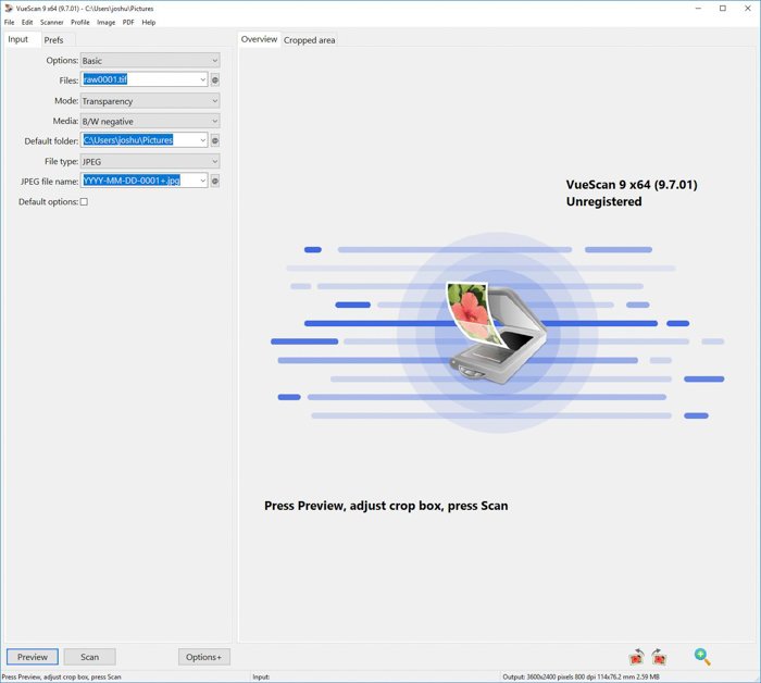 Скриншот интерфейса программы для сканирования пленки VueScan