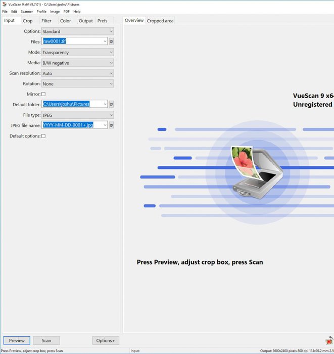 Скриншот интерфейса программы для сканирования пленок VueScan