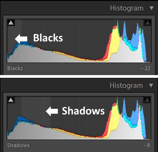 Скриншот гистограммы в lightroom - использование теней и черного в lightroom