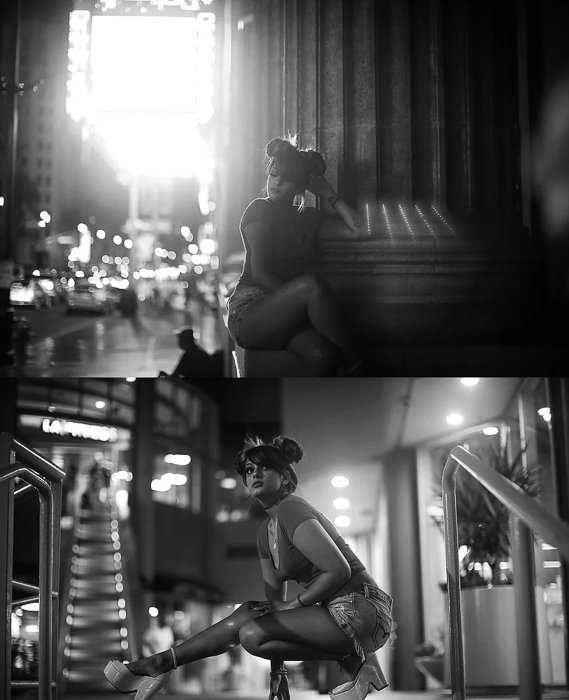 Женщина-модель позирует для черно-белого диптиха ночной портретной фотографии