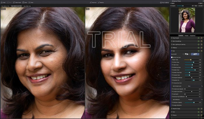 Скриншот редактирования портрета в PortraitPro 17 - панель настройки глаз. Этот пример показывает кольцевой свет, который был добавлен.