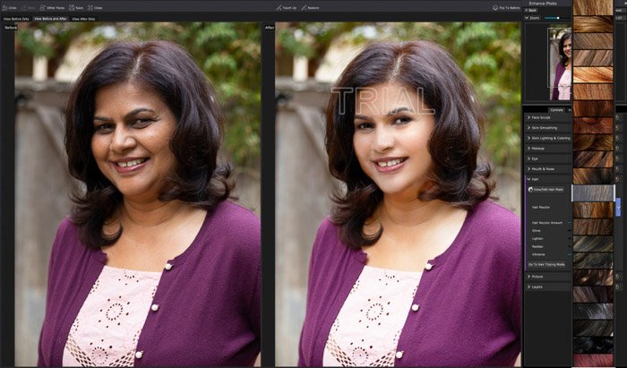 Скриншот редактирования портрета в PortraitPro 17 - панель настройки волос. Множество вариантов цвета волос!