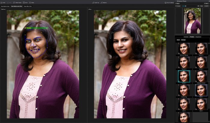 Скриншот редактирования портрета в PortraitPro 17 - Make-Up Presets. На фото до показаны точки автоматического определения лица.