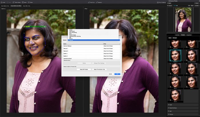 Скриншот редактирования портрета в PortraitPro 17 - Хотя вы можете удалять предустановки и назначать их определенному типу лица, здесь не показана возможность создания собственных.