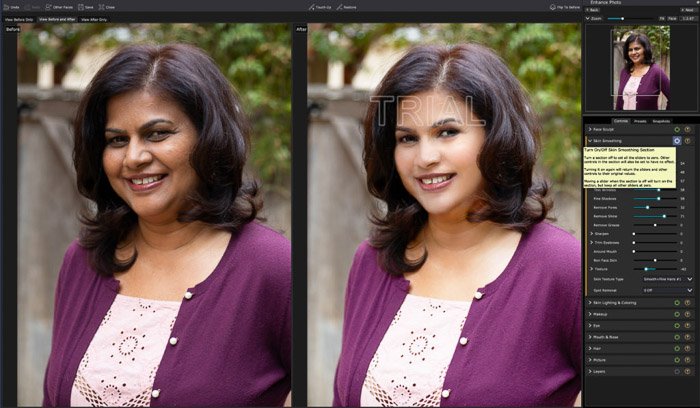 Скриншот редактирования портрета в PortraitPro 17 - до и после корректировки женского портрета