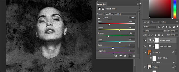 Скриншот, показывающий, как создавать абстрактные портреты в Photoshop - цветокоррекция