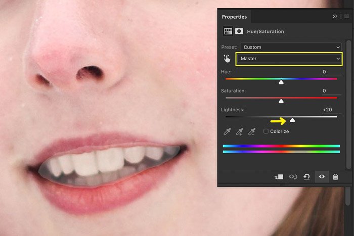 Скриншот, показывающий, как осветлить зубы с помощью корректировки насыщенности оттенка в Photoshop