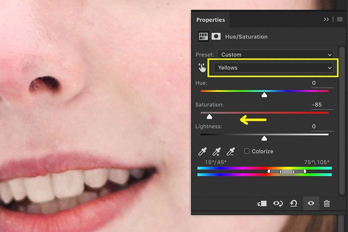 Скриншот, показывающий, как сделать корректирующий слой для получения белых зубов в Photoshop