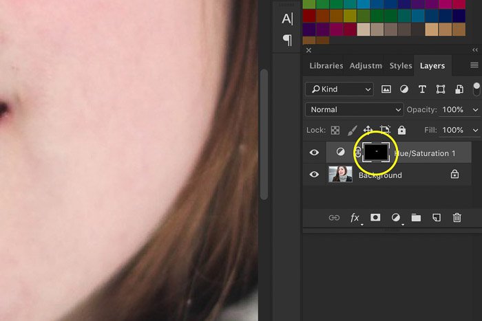 Скриншот, показывающий, как отбелить зубы в Photoshop с помощью маски слоев