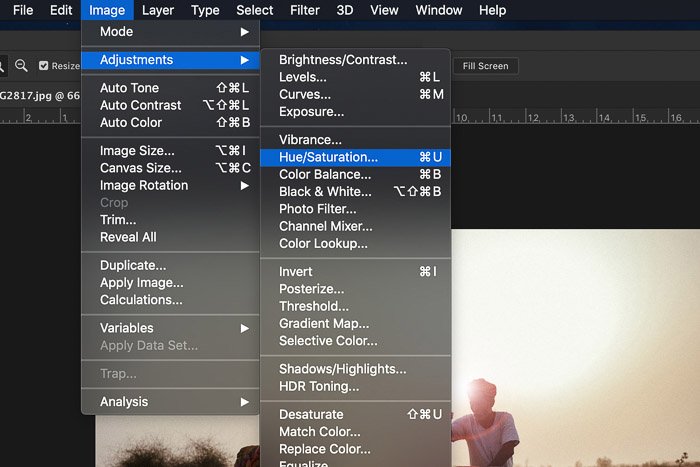 Скриншот, показывающий, как добавить блики объектива в Photoshop - корректировка оттенка/насыщенности