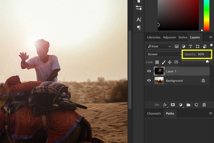 Скриншот, показывающий, как добавить блики линзы в Photoshop - новый слой
