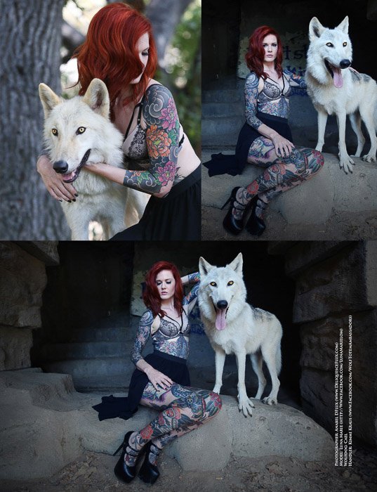 Триптих женской модели, позирующей с собакой