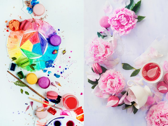 Яркая и воздушная фотография-диптих с акварельными красками и розовыми розами