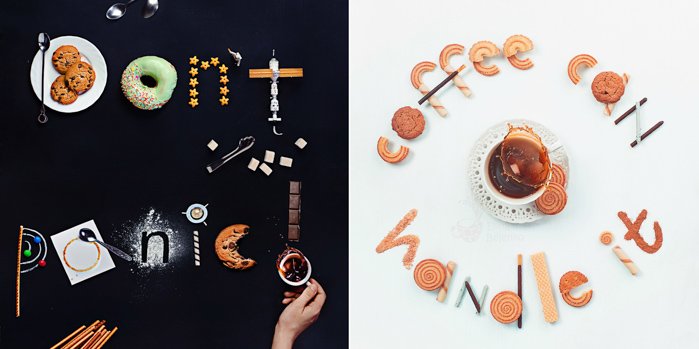 A still life diptych of creative food typography - examples of using text in photography