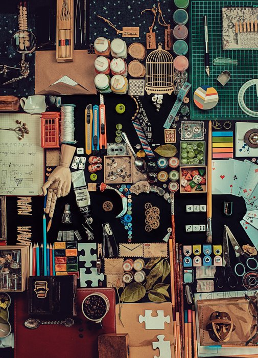 A creative still life flat lay with typography - examples of using text in photography