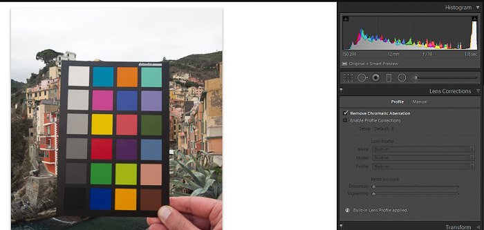 Скриншот использования фотографии цветовой галочки для коррекции объектива в Lightroom 