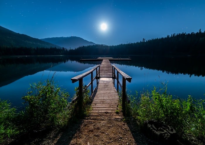 Безмятежная ночная фотография гор и озера