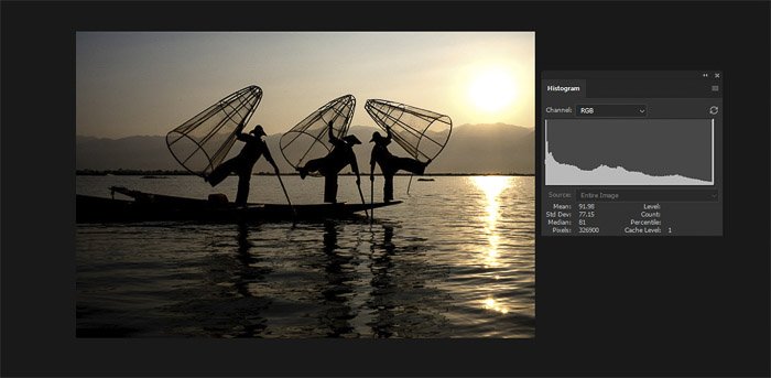 Скриншот хорошо экспонированного изображения рыбаков рядом с гистограммой