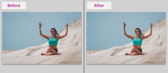 Скриншот, показывающий, как удалить локальные тени с помощью основных инструментов Lightroom - до и после фото женщины-модели на пляже
