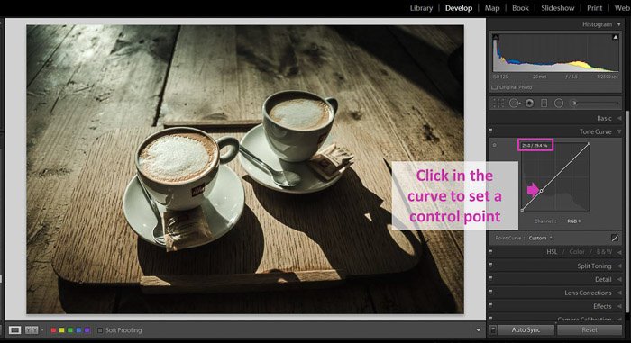 Скриншот Lightroom, показывающий, как сделать черные цвета матовыми, чтобы придать изображениям блеклый вид - контрольная точка