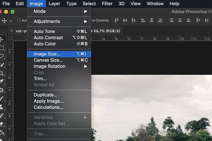 Скриншот, показывающий, как выбрать размер изображения в Adobe Photoshop 