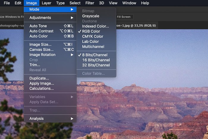 Скриншот выбора цветовых режимов в фотошопе - управление цветом