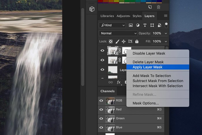 Как добавить эффект водопада в Photoshop - применяем маску слоя