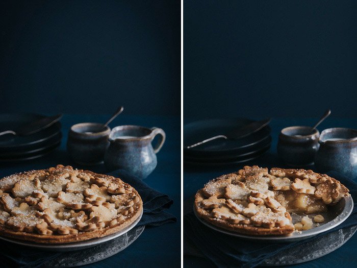 A dark and moody diptych of a fruit crumble